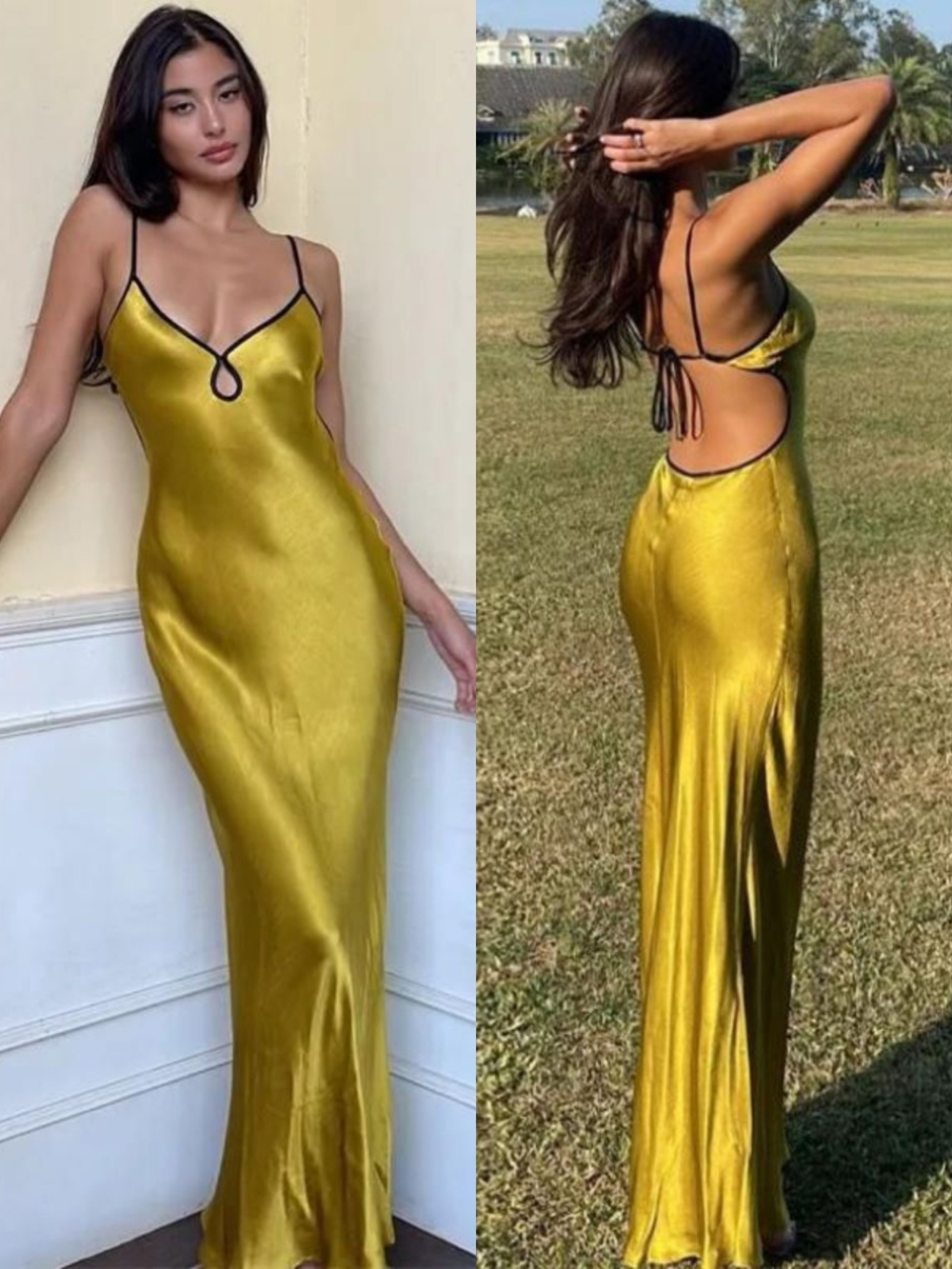 NWT Commense Gold Satin Backless Slip Dress with Black Trim Size Small